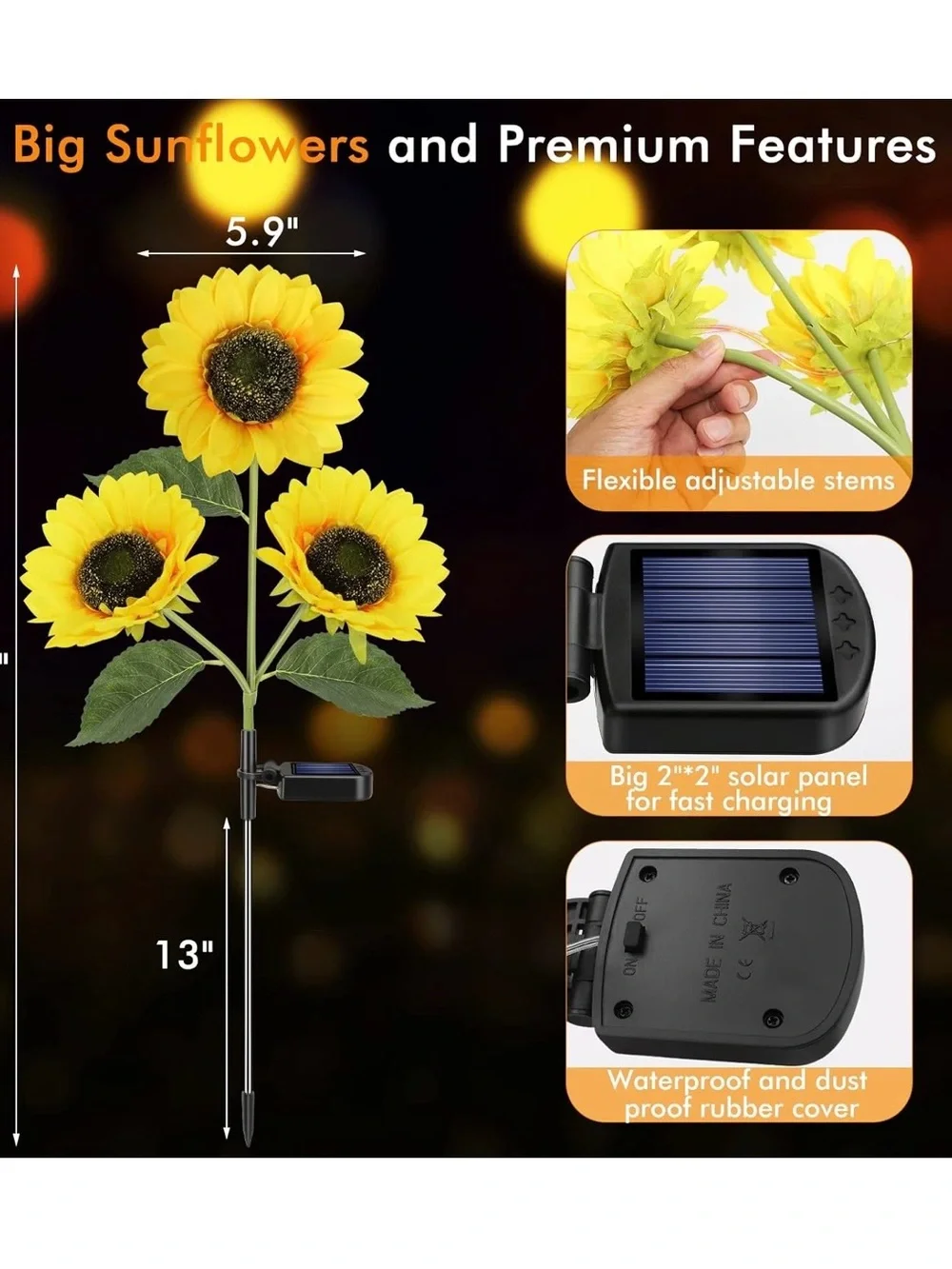 Set 4 Outdoor Solar-Powered LED Sunflower Garden Stakes Path Patio Lights Flower